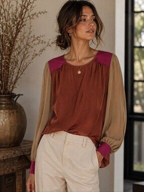 Space Style Concept Colorblock Blouse - Rust, Tan & Magenta 100% Silk